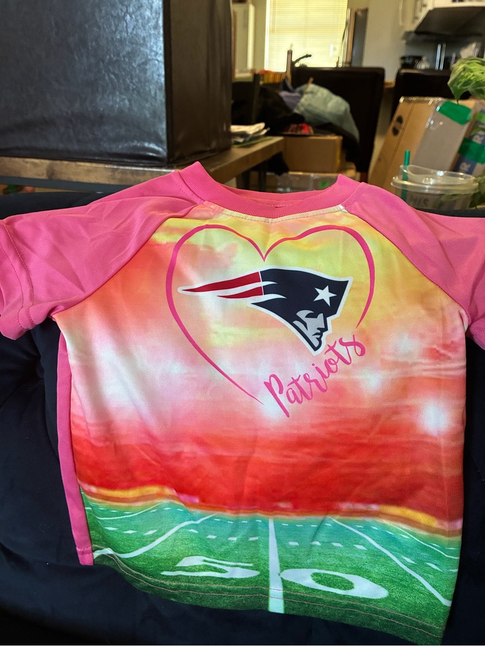 NFL Kids Pink Gradient Patriots Tee with Football Field Graphic